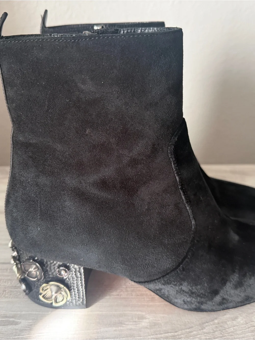 Coach Black Suede Juliet Ankle Booties with Decorative Metal Heel